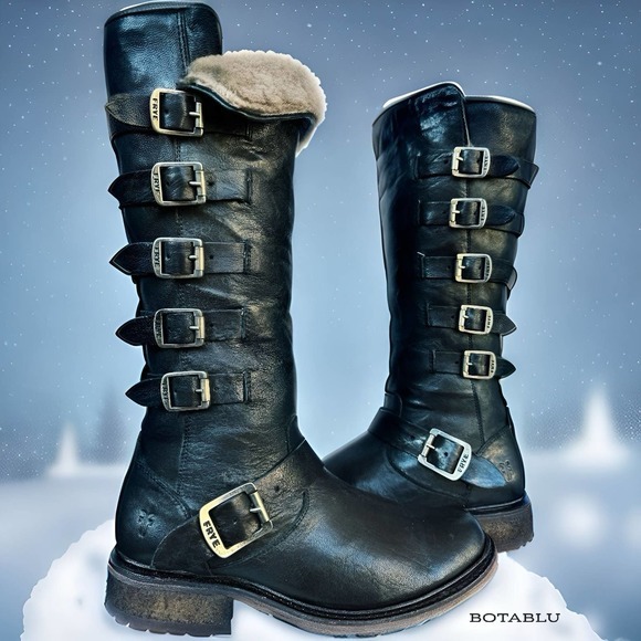 Frye Shoes - FRYE Valerie Belted Shearling Tall Black Biker Moto Motorcycle Winter Boots 7.5